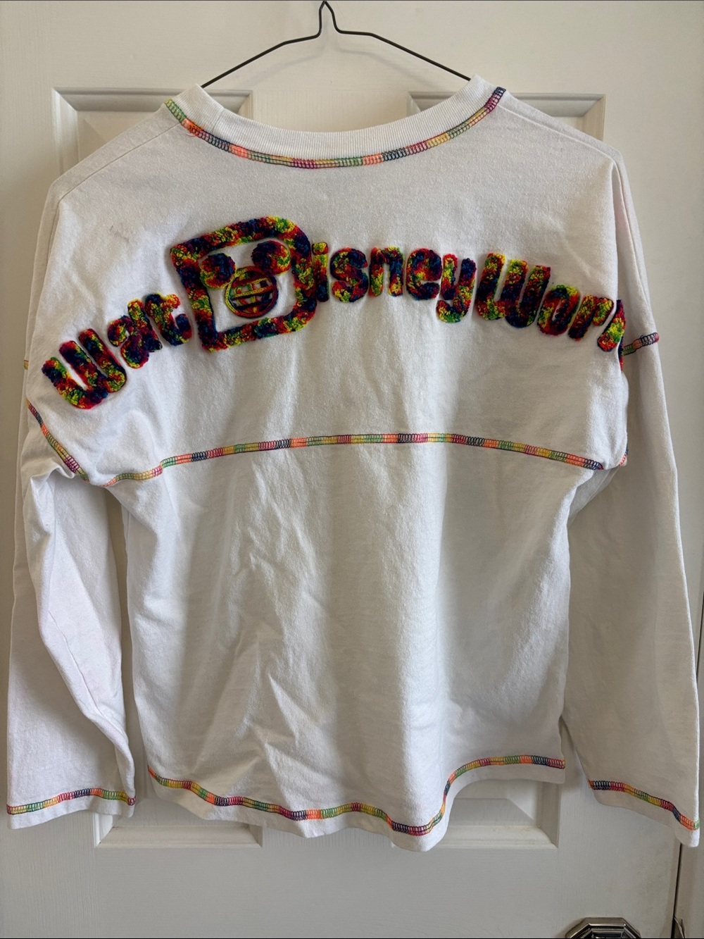 Disney White Long Sleeve Shirt with Multicolor Rainbow Yarn Stitching